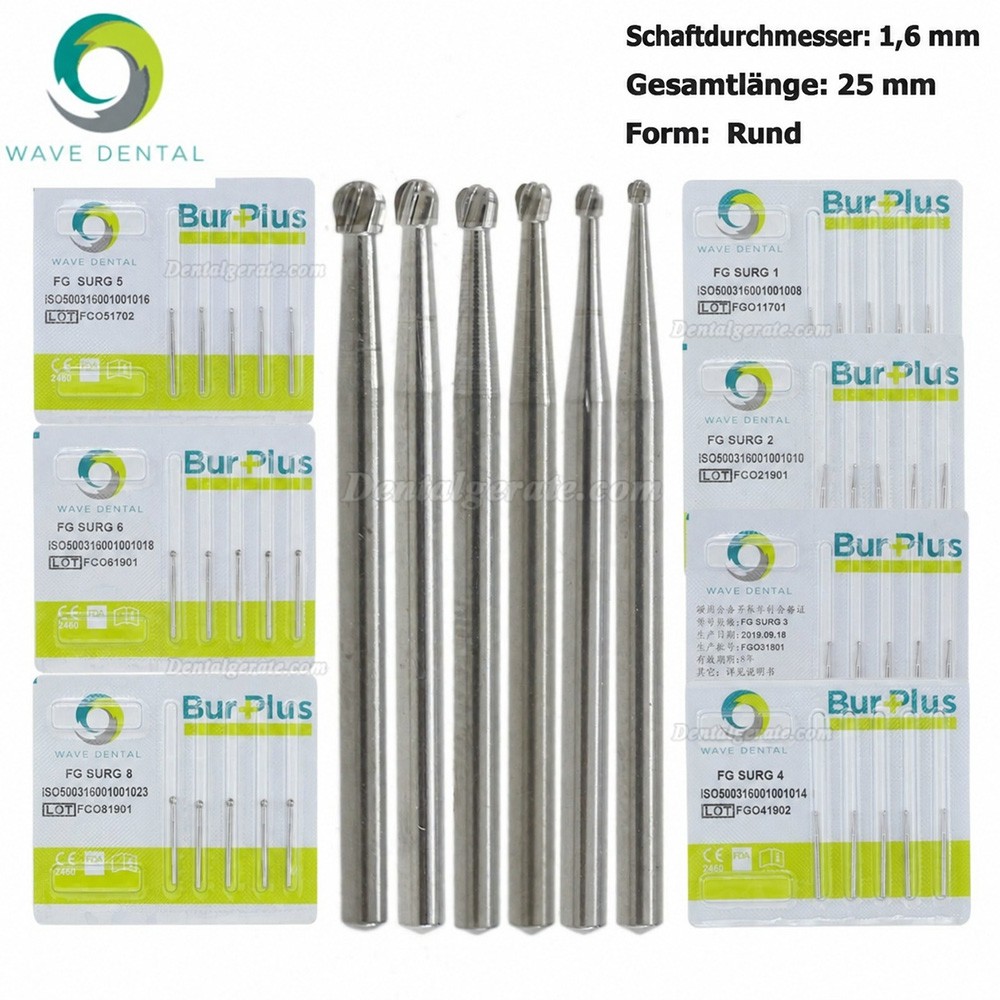 10 St&uuml;ck WaveDental FG SURG Runden Zahnbohrer 1 2 4 5 6 8# FG-Schaft Hartmetallbohrer Zahnmedizin